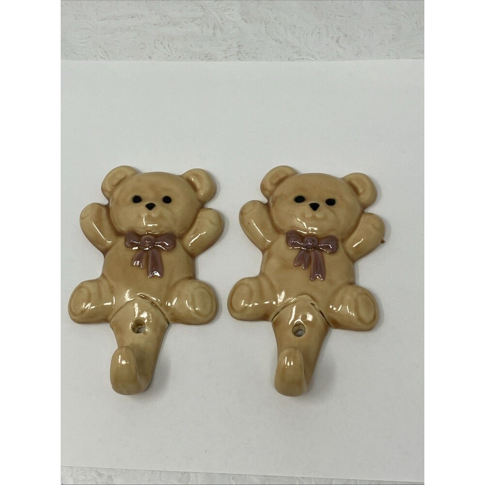 2 VTG Ceramic Teddy Bear Pink Bow Wall Hook Hangers Set Baby Girl Nursery Beige